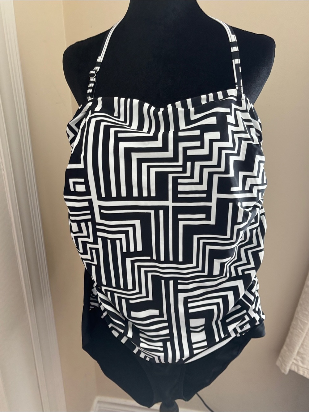 Geometric Black & White Halter One-Piece Swimsuit - Women
